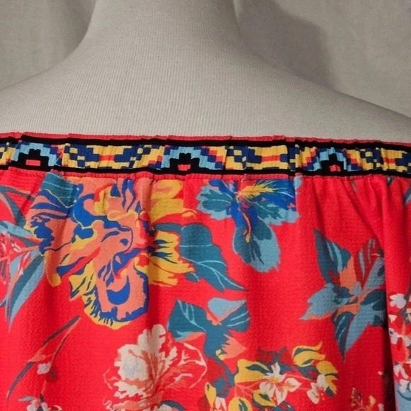 Flying Tomato Red & Cream Boho Off the Shoulder Floral Print Blouse Size Small S - Picture 3 of 10